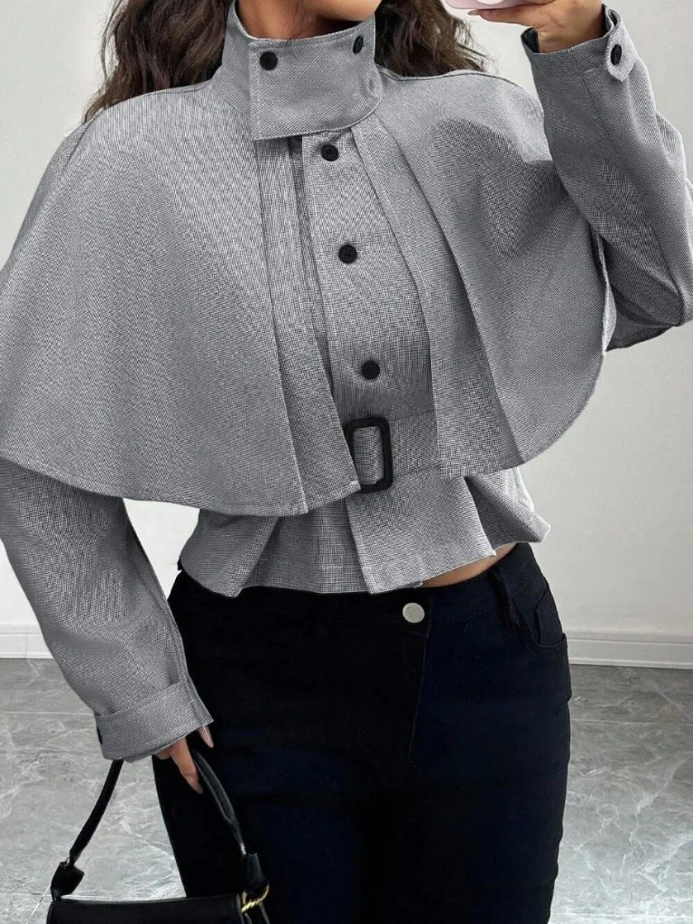 Black And White Casual Women's Houndstooth Cropped Waist Cape